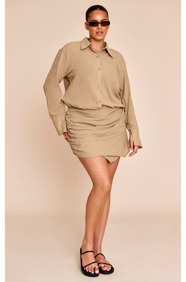 Plus Khaki Linen Look Shirt Style Long Sleeve Skort Playsuit