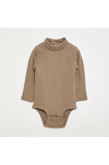 Pointelle Knit Bodysuit with High Neck BEIGE