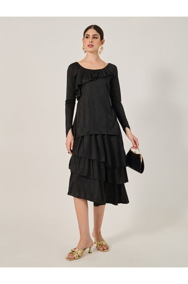 Plain Ruffle Trim Layered A-Line Midi Dress