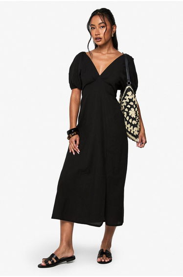 Linen Tie Back Puff Sleeve Midaxi Dress