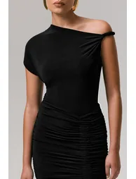 Marci | Black Asymmetric Ruched Mini Dress With Sash - 2