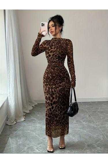 Women Leopard Print Bodycon Maxi Dress