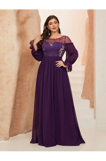 Leely Plus Women's Elegant Round Neck Bishop Sleeve Party Dresses