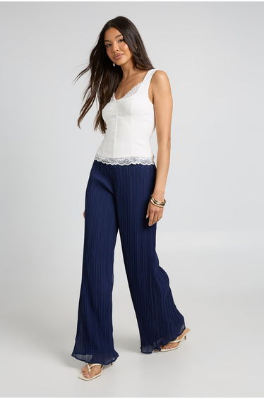 Plisse Wide Leg Trouser - navy