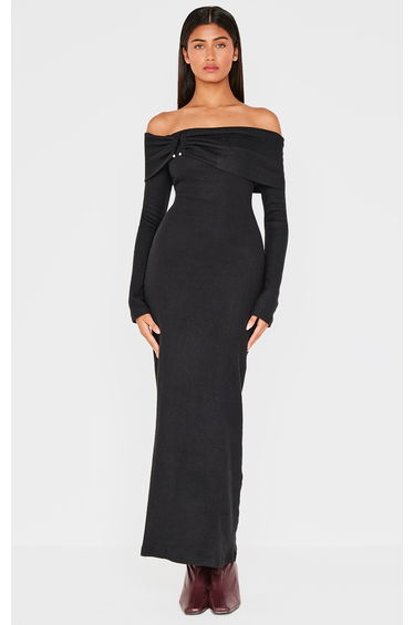 Black Heavy Brushed Rib Bardot Trim Maxi Dress