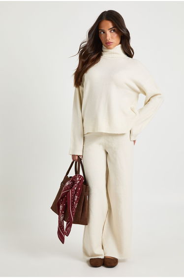 Petite Super Soft Roll Neck Oversized Jumper and Wide Leg Trouser Co-Ord - cream
