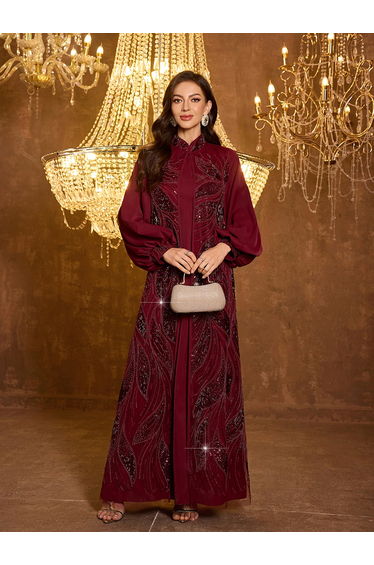 Burgundy Embellished Kimono and Maxi Dress Co-ord Set