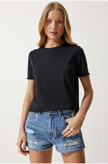 Women's Black Crew Neck Basic Knitted T-Shirt