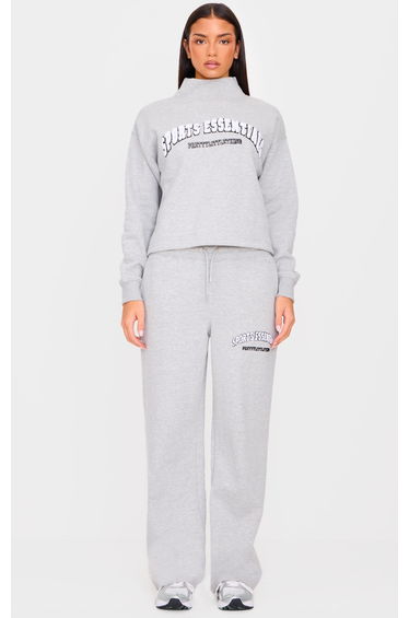PRETTYLITTLETHING Grey Marl Borg Sports Essentials Wide Leg Joggers