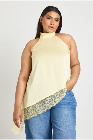 Plus Satin Hight Neck Lace Trim Top - lemon