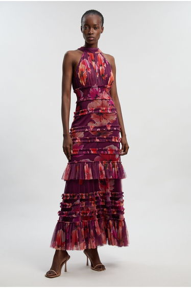 Floral Tulle Halter Neck Woven Maxi Dress