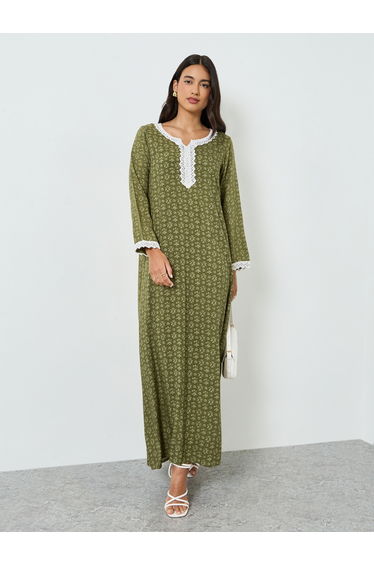 Green Floral Print Lace Detail A-Line Jalabiya