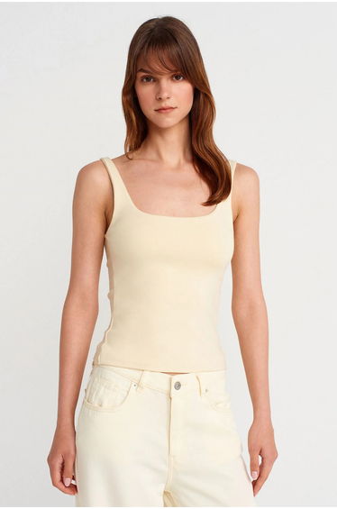 Dilvin Ribbed Square-neck Sleeveless Blouse