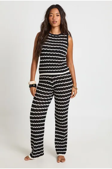 Crochet Stripe Knit Top and Wide Leg Co-Ord - mono