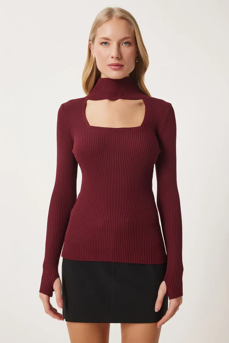 Burgundy Cut Out Detailed High Neck Ribbed Knitwear Sweater - 3