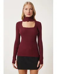 Burgundy Cut Out Detailed High Neck Ribbed Knitwear Sweater - 3