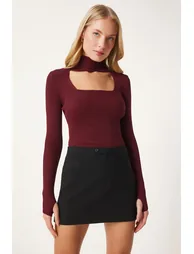 Burgundy Cut Out Detailed High Neck Ribbed Knitwear Sweater - 2