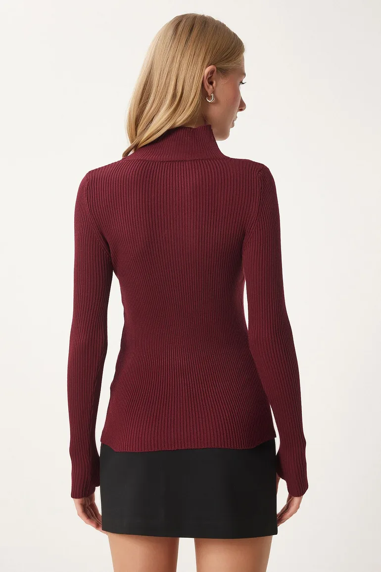 Burgundy Cut Out Detailed High Neck Ribbed Knitwear Sweater - 6