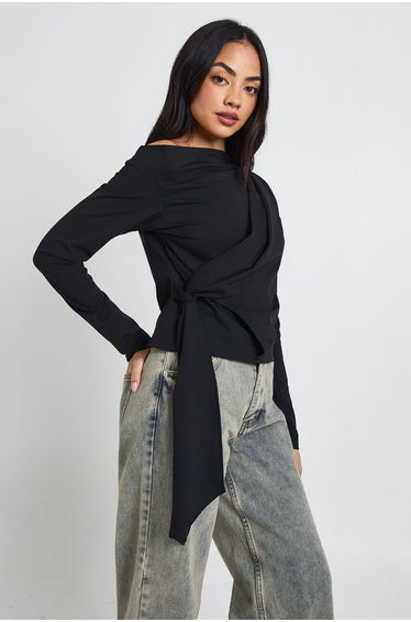 Asymmetric Neck Drape Detail Long Sleeve Top - black