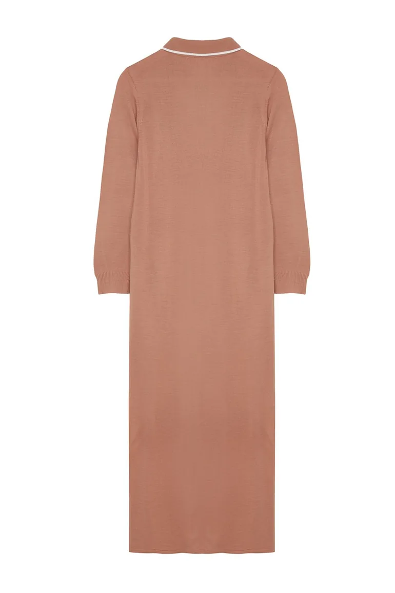Camel Piping Polo Neck Knitwear Dress - 4