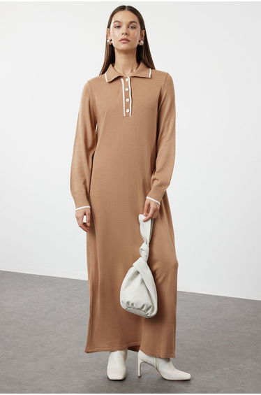 Camel Piping Polo Neck Knitwear Dress