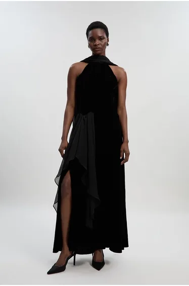 Velvet Cross Front Woven Maxi Dress