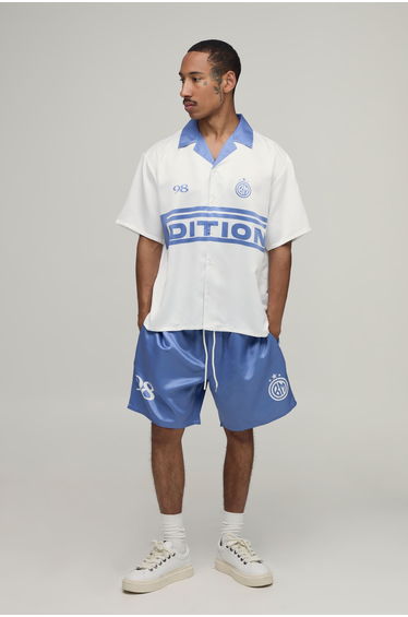 Oversized Half Sleeve Edition Sports Print Satin Shirt & Short Set - slate blue