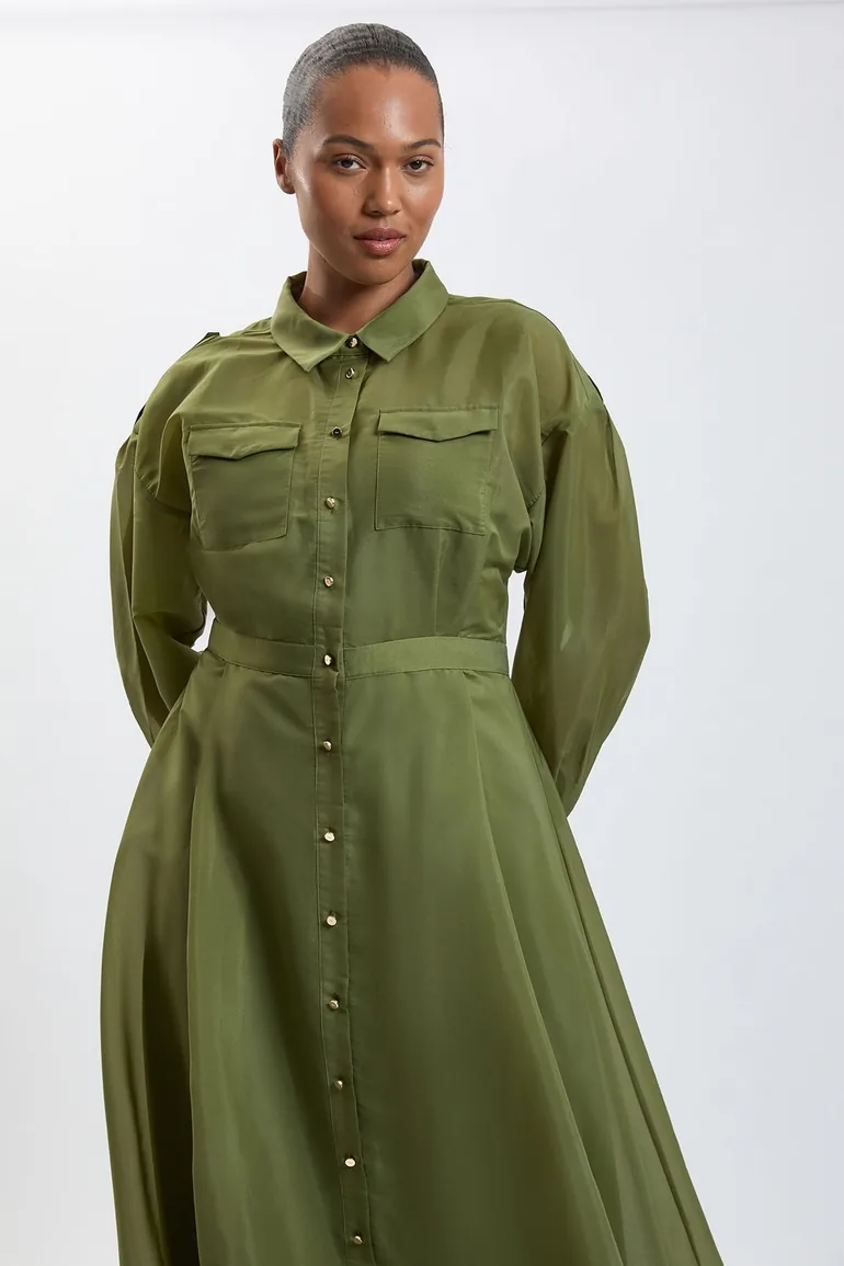 Plus Size Trim Detail Organdie Midi Shirt Dress - 1