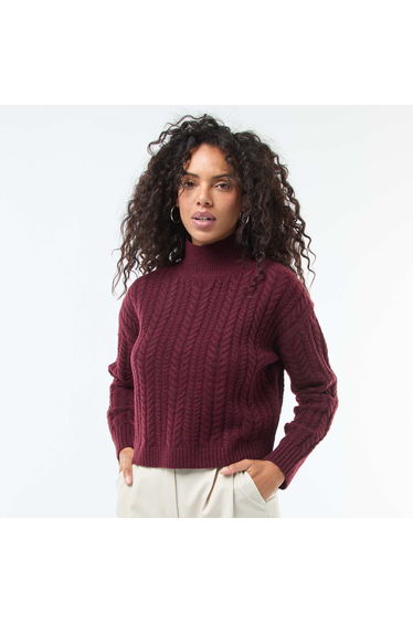 Cable Knit High Neck Sweater RED