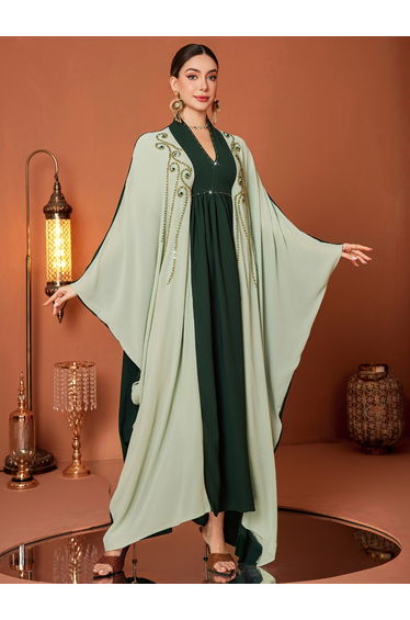 Women Color Blocked Rhinestone Kimono Sleeve Jalabiya