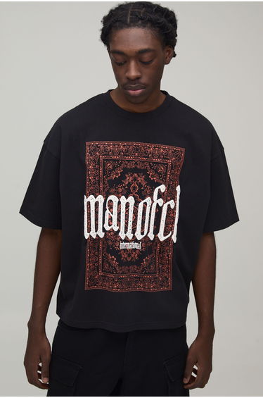 Oversized Boxy Paisley Puff Print T-Shirt - black