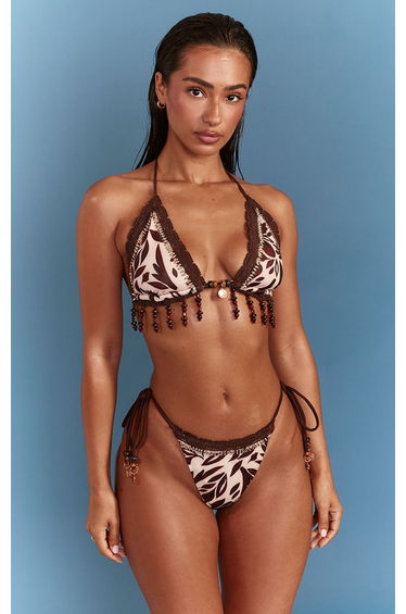 Chocolate Printed Embellished Trim Tie Side Bikini Bottoms