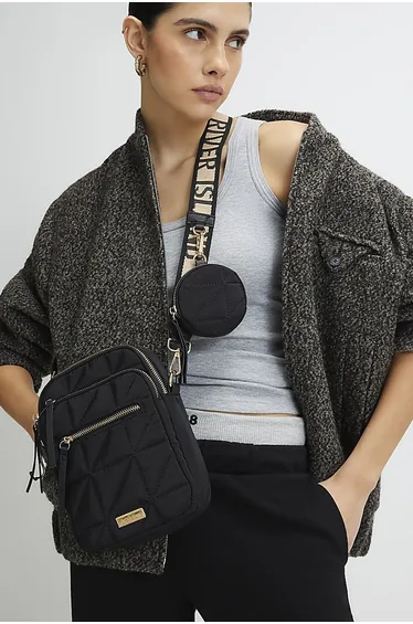 Black quilted zip pocket cross body bag
