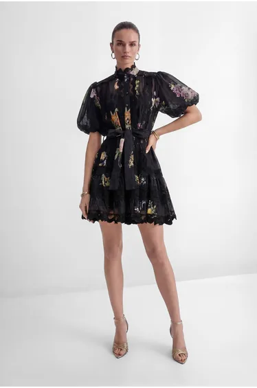 فستان سانفير قميص أسود قصير على شكل حرف A بطبعة أزهار
