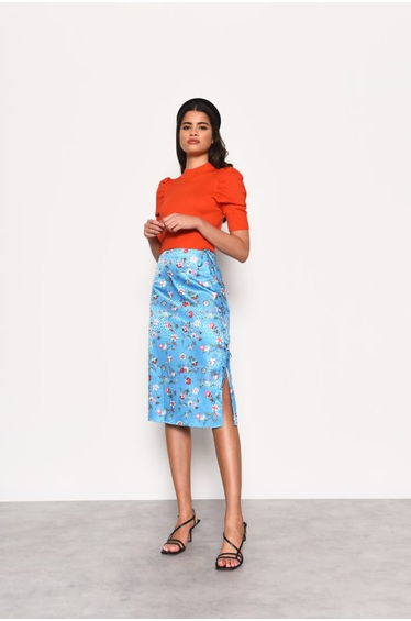 Glamorous Blue Multi Floral Side Split Midi Skirt