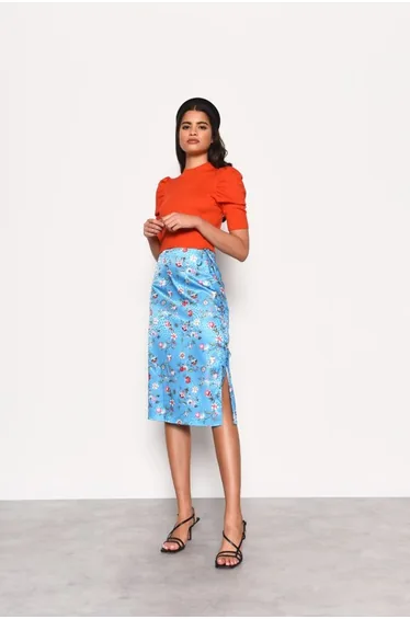 Glamorous Blue Multi Floral Side Split Midi Skirt