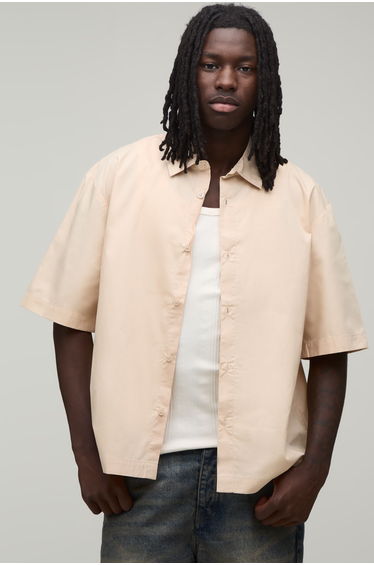 Oversized Half Sleeve Apple Print Shirt - natural