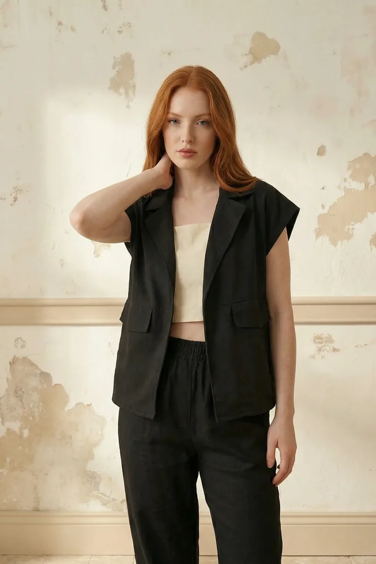 MY FASHION Cotton Waistcoat with Jacket Collar and Pocket