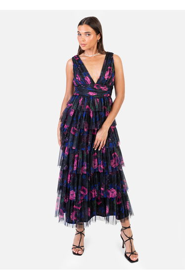 Anaya With Love Recycled Floral Plunge V Neck Tiered Tulle Midaxi Dress