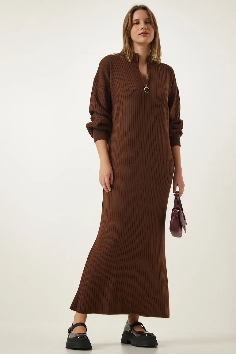 open lace back dress Brown Ribbed Collared Knit Midi Dress – self-portrait-EU main image 1