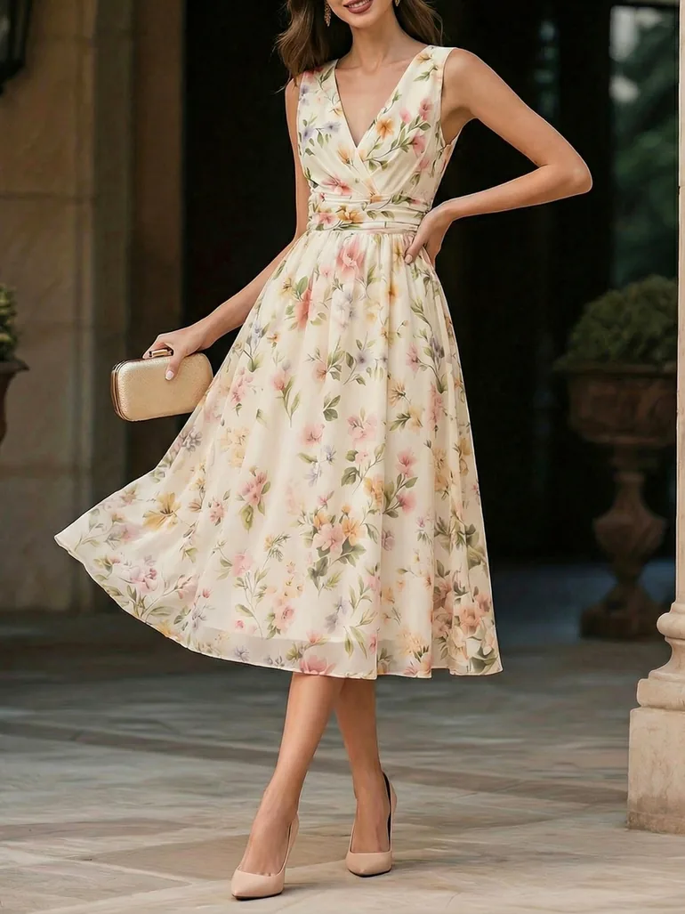 Floral Print Sleeveless A-Line Midi Dress - 3