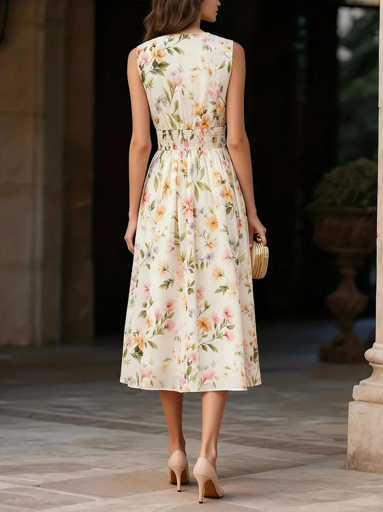 Floral Print Sleeveless A-Line Midi Dress - 4