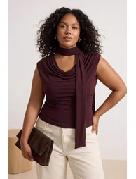Brown Degaje Collar Scarf Knitted Plus Size Blouse - 5