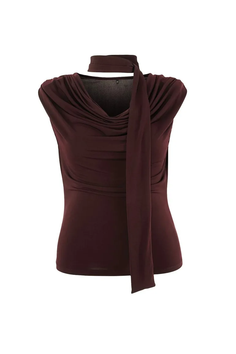Brown Degaje Collar Scarf Knitted Plus Size Blouse - 1