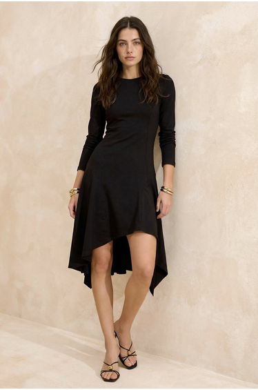 Black Open Waist Mock Neck Volan/Fringe Long Tok 100% Cotton Knitted Dress