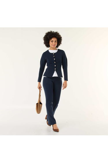 Wide-Leg Ottoman Knit Trousers Navy