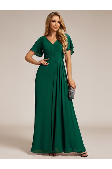 ever LINDEN|High Slit V-Neck Chiffon High Waist Bridesmaid Dress with Ruffle Sleeve
