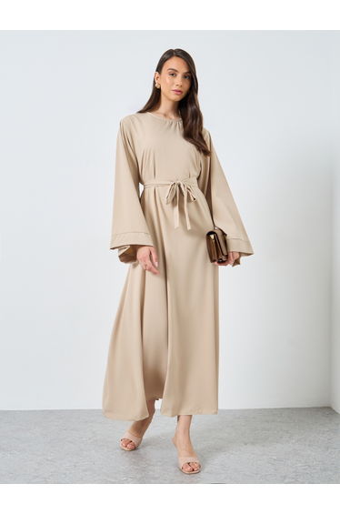 Solid Long Sleeve Belted Abaya
