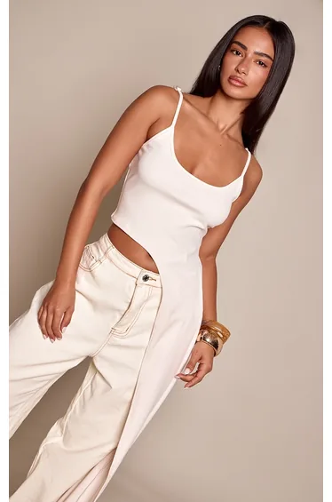 Petite Cream Scoop Neck Asymmetric Maxi Side Soft Touch Top
