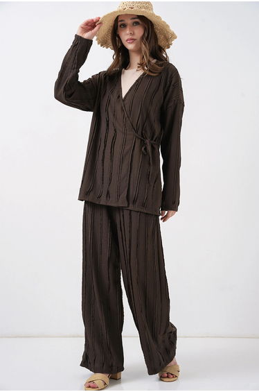 BDART Textured V-Neck Tie Detail Kimono & Wide Leg Pants Set